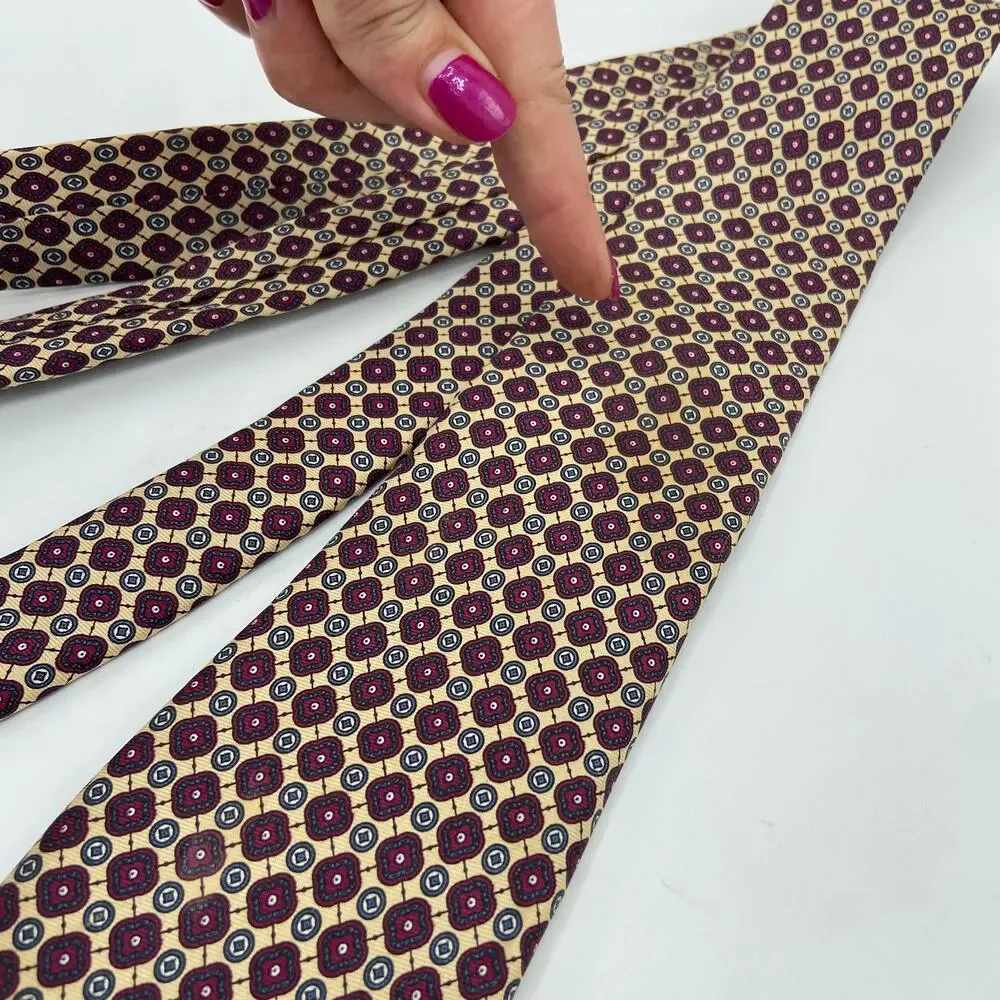 Oscar De La Renta Silk‎ Necktie Geometric Foulard Burgundy Beige